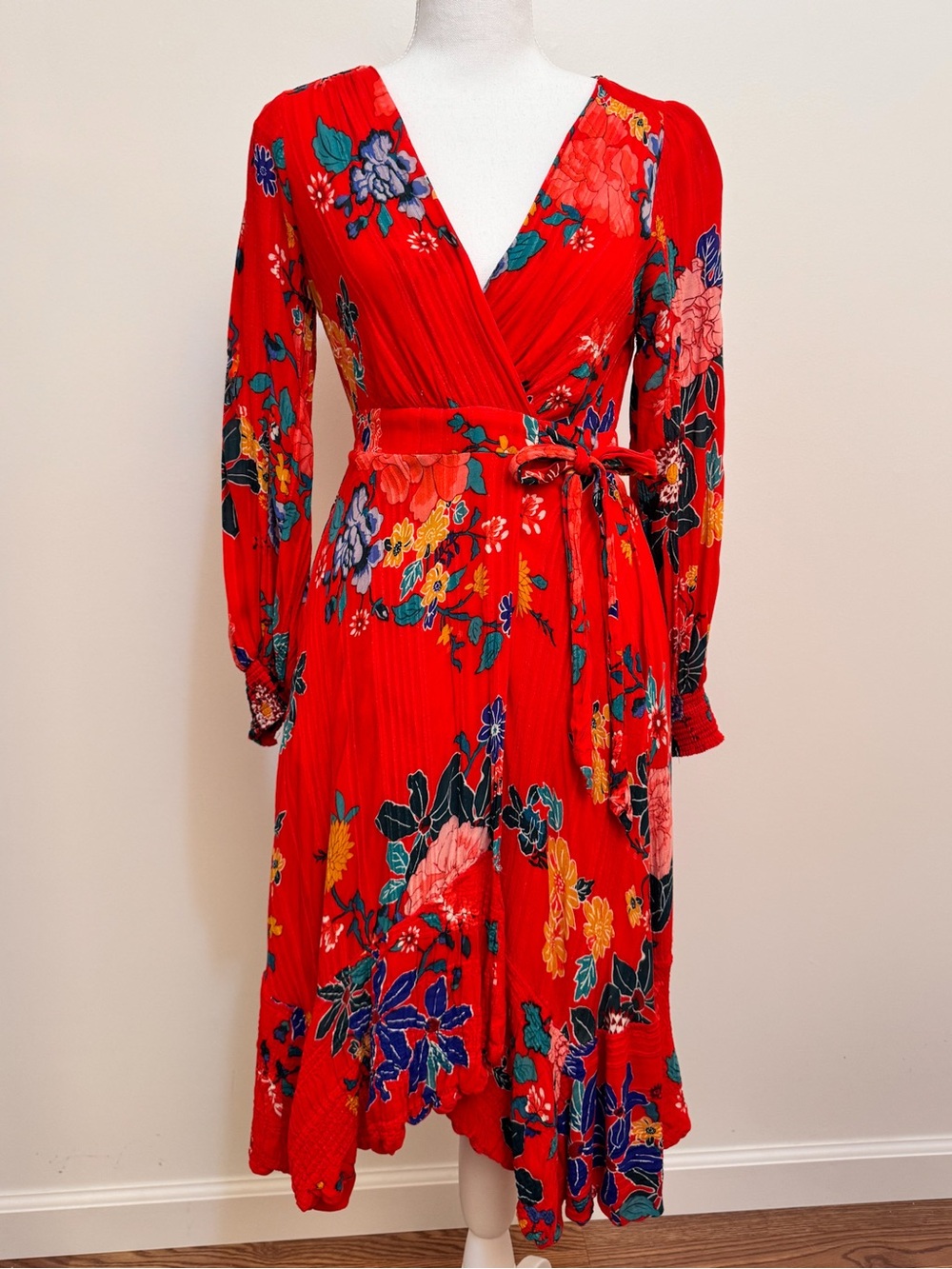 Anthropologie Boswell Red Floral Textured Wrap Midi Dress Petite 2P
